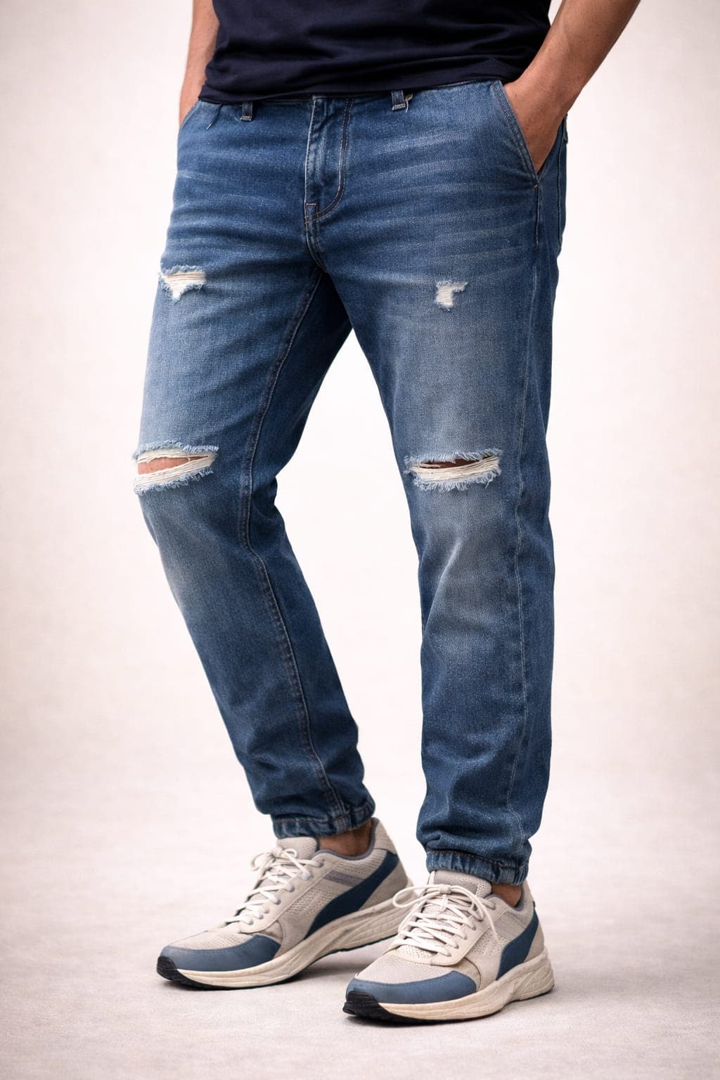 Mid Blue Slim Fit Ripped Denim Jeans